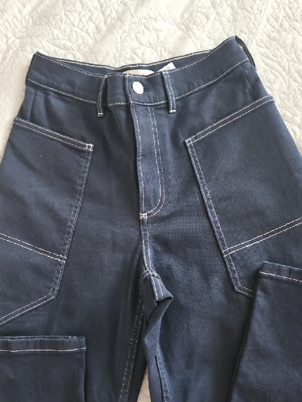 Everlane The Gardener Navy High-Rise Wide Leg Pants with White Stitching - Picture 2 of 9